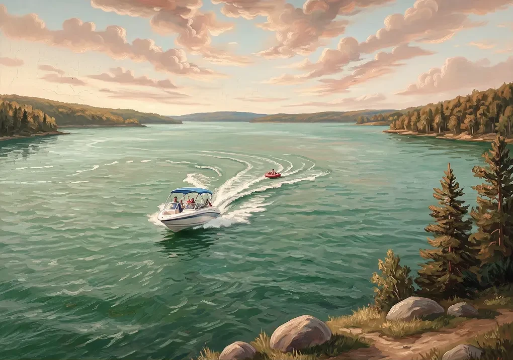 Illustration depicting a boat on a lake